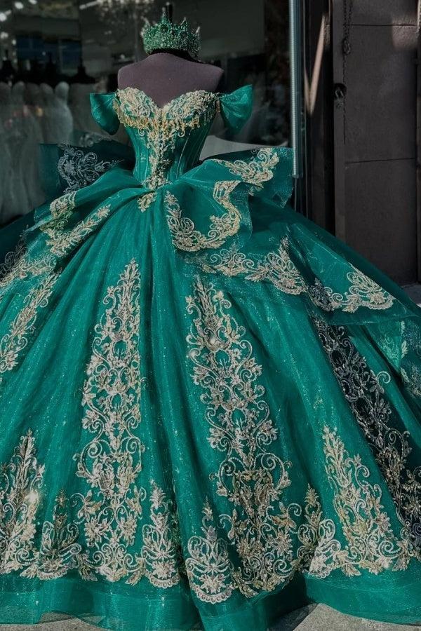 Ball Gown Off Shoulder Sleeveless Beaded Gold Appliques Lace Up Detachable Dress Sparkly Dark Green Tulle Quinceanera Dress Formal Evening Gown For Sweet 16