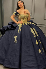 Ball Gown Off Shoulder Sleeveless Beaded Gold Appliques Pleated Bow Knot Glitter Dark Navy Satin Quinceanera Dress Birthday Party Dress For Sweet 16