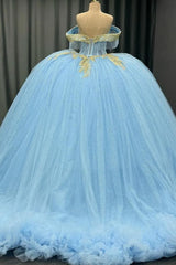 Ball Gown Off Shoulder Sleeveless Beaded Gold Appliques Pleated Glitter Sky Blue Tulle Quinceanera Dress Birthday Party Dress For Sweet 16
