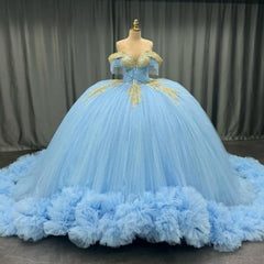 Ball Gown Off Shoulder Sleeveless Beaded Gold Appliques Pleated Glitter Sky Blue Tulle Quinceanera Dress Birthday Party Dress For Sweet 16