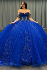 Ball Gown Off Shoulder Sleeveless Beaded Pleated Appliques Lace Up Royal Blue Tulle Quinceanera Dress Formal Evening Gown Birthday Party Dress For Sweet 16