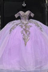Ball Gown Off Shoulder Sleeveless Beaded Pleated Gold Sequins Sparkly Lilac Tulle Quinceanera Dress Birthday Party Dress Evening Formal Gown For Sweet 16