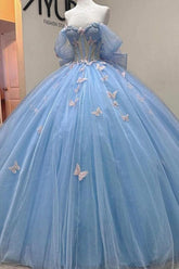 Ball Gown Off Shoulder Sleeveless Beaded Sequins 3D Butterflies Appliques Baby Blue Tulle Quinceanera Dress Birthday Party Dress