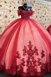 Ball Gown Off Shoulder Sleeveless Beaded Sequins Appliques Pleated Lace Up Glitter Red Tulle Quinceanera Dress Birthday Party Gown For Sweet 16