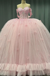 Ball Gown Off Shoulder Sleeveless Crystal Beaded 3D Flowers Glitter Tulle Quinceanera Dress Birthday Party Dress Evening Formal Gown For Sweet 16