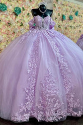 Ball Gown Off Shoulder Sleeveless Fully Appliques Pleated Big Bow Knot Lace Up Glitter Lilac Quinceanera Dress Birthday Party Dress For Sweet 16
