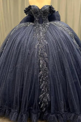 Ball Gown Off Shoulder Sleeveless Fully Beaded Appliques Bow Knot Lace Up Sparkly Dark Navy Tulle Quinceanera Dress Birthday Party Dress For Sweet 16