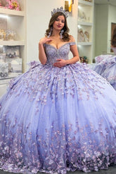 Ball Gown Off Shoulder Sleeveless Fully Beaded Appliques Pleated 3D Flower Tiered Sparkly Lilac Tulle Quinceanera Dress Birthday Party Dress For Sweet 16