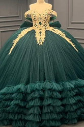 Ball Gown Off Shoulder Sleeveless Gold Appliques Ruffles Tiered Bow Knot Lace Up Sparkly Dark Green Tulle Quinceanera Dress Formal Evening Party Dress For Sweet 16