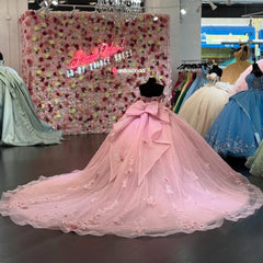 Ball Gown Off Shoulder Sleeveless Pleated 3D Flowers Applique Bow Knot Sparkly Pink Tulle Quinceanera Dress Birthday Party Dress Evening Formal Gown For Sweet 16