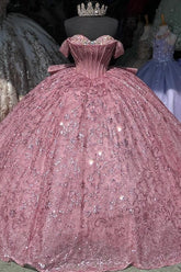 Ball Gown Off Shoulder Sleeveless Pleated Beaded Crystal Fully Sequins Sparkly Pink Tulle Quinceanera Dress Birthday Party Dress For Sweet 16