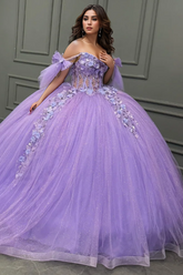 Ball Gown Off Shoulder Sleeveless Pleated Beaded Sequins 3D Flower Appliques Glitter Purple Tulle Quinceanera Dress Birthday Party Gown For Sweet 16