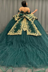 Ball Gown Off Shoulder Sleeveless Pleated Gold Sequins Beaded Crystal Glitter Dark Green Tulle Quinceanera Dress Closet Big Bow Knot Birthday Party Dress For Sweet 16