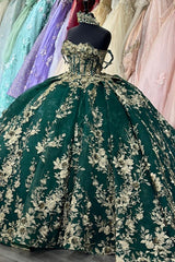 Ball Gown Off Shoulder Sleeveless Pleated Golf Sequins Appliques Dark Green Tulle Quinceanera Dress Birthday Party Dress Formal Evening Gown