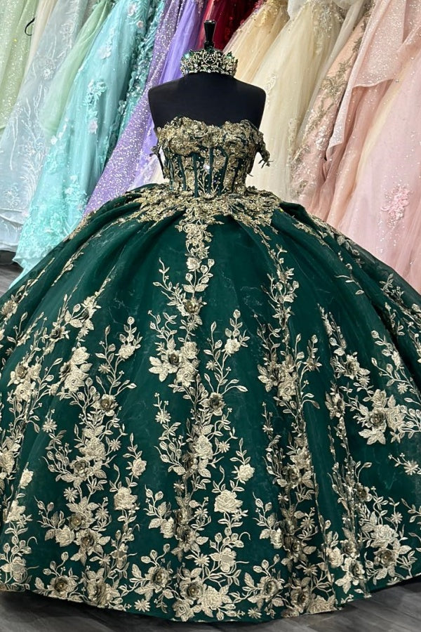 Ball Gown Off Shoulder Sleeveless Pleated Golf Sequins Appliques Dark Green Tulle Quinceanera Dress Birthday Party Dress Formal Evening Gown