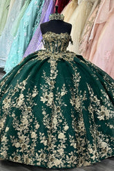 Ball Gown Off Shoulder Sleeveless Pleated Golf Sequins Appliques Dark Green Tulle Quinceanera Dress Birthday Party Dress Formal Evening Gown
