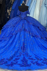 Ball Gown Off Shoulder Sleeveless Pleated Sequins Appliques Glitter Royal Blue Tulle Quinceanera Dress Evening Formal Gown Birthday Party Dress For Sweet 16