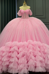 Ball Gown Off Shoulder Sleeveless Pleated Tulle Tiered Beaded Pink Tulle Quinceanera Dress Birthday Party Dress For Sweet 16