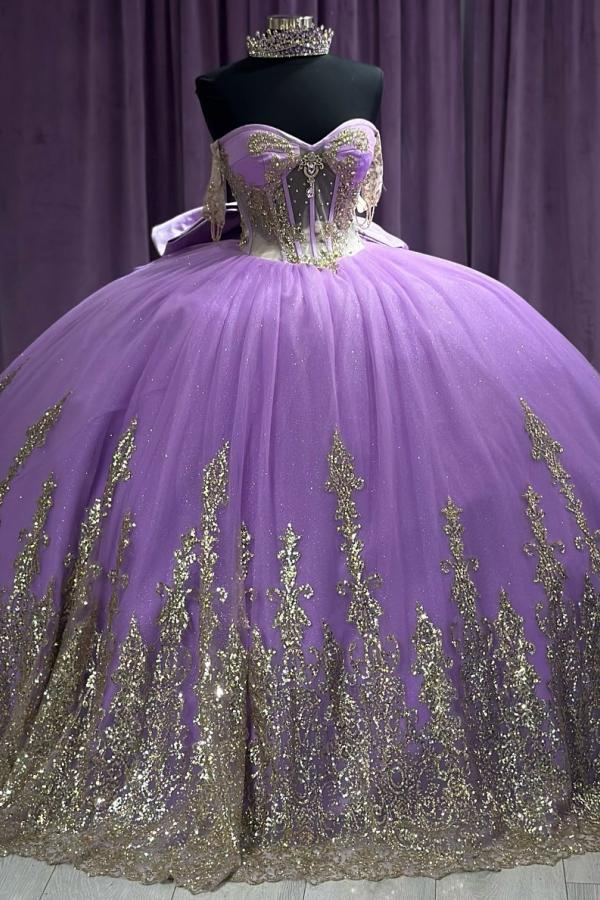 Ball Gown Off Shoulder Sleeveless Ruffles Beaded Gold Appliques Lavenda Tulle Quinceanera Dress Formal Evening Gown For Sweet 16