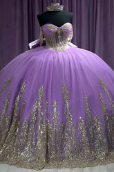 Ball Gown Off Shoulder Sleeveless Ruffles Beaded Gold Appliques Lavenda Tulle Quinceanera Dress Formal Evening Gown For Sweet 16