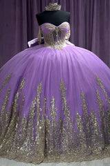 Ball Gown Off Shoulder Sleeveless Ruffles Beaded Gold Appliques Lavenda Tulle Quinceanera Dress Formal Evening Gown For Sweet 16