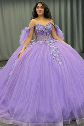 Ball Gown Off Shoulder Sleeveless Sequins 3D Flowers Appliques Pleated Glitter Purple Tulle Quinceanera Dress Birthday Party Dress For Sweet 16