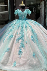 Ball Gown Off Shoulder Sleeveless Sequins Fully Appliques Sky Blue Tulle Quinceanera Dress Formal Evening Gown Birthday Party Dress For Sweet 16