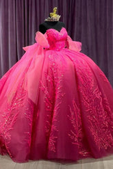 Ball Gown Off Shoulder Sweetheart Long Sleeves Lace Appliques Beaded Hot Pink Tulle Quinceanera Dress Princess Party Gown For Sweet 16