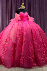 Ball Gown Off Shoulder Sweetheart Long Sleeves Lace Appliques Beaded Hot Pink Tulle Quinceanera Dress Princess Party Gown For Sweet 16