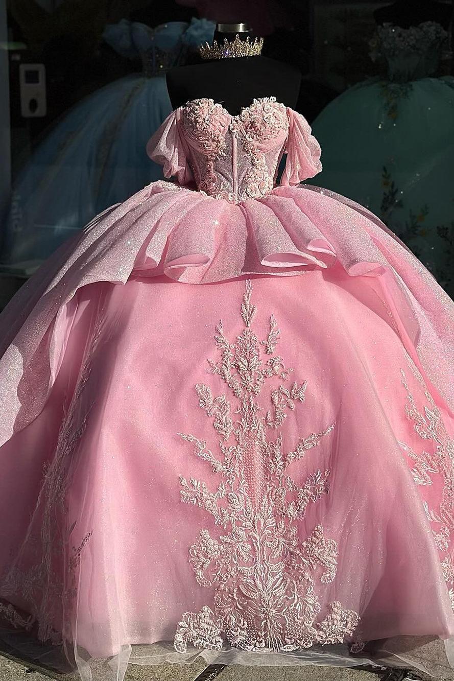 Ball Gown Off Shoulder Sweetheart Neck Lace Appliques Beaded Tiered Pink Tulle Princess Quinceanera Dress Formal Evening Party Gown For Sweet 16