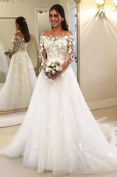 Ball Gown Off-the-Shoulder Wedding Dress Long Sleeves Bridal Dress with Appliques