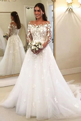 Ball Gown Off-the-Shoulder Wedding Dress Long Sleeves Bridal Dress with Appliques