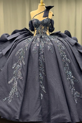 Ball Gown One Shoulder /Off Shoulder Sleeveless Beaded Appliques Ruffles Tiered Lace Up Sparkly Dark Navy Satin Quinceanera Dress Evening Formal Gown For Sweet 16