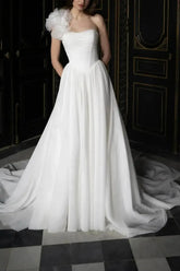 Ball Gown One Shoulder Sleeveless Chapel Train Chiffon Wedding Dress with Pockets