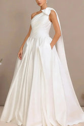 Ball Gown One Shoulder Sleeveless Chapel Train Satin Wedding Dress with Bow