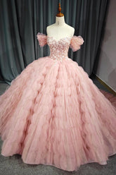 Ball Gown Quinceanera Dress Tulle Pink Off the Shoulder Floral Sweet 16 Dress