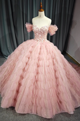 Ball Gown Quinceanera Dress Tulle Pink Off the Shoulder Floral Sweet 16 Dress