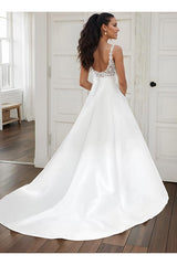 Ball Gown Satin V Neck Wedding Dress With Pockets