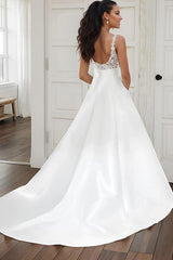 Ball Gown Satin V Neck Wedding Dress With Pockets