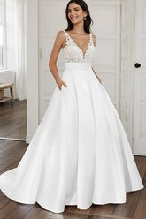Ball Gown Satin V Neck Wedding Dress With Pockets
