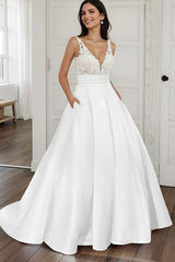Ball Gown Satin V Neck Wedding Dress With Pockets