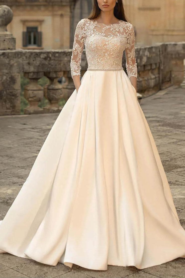 Ball Gown Satin Wedding Dress with Classic Lace Sleeves