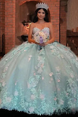 Ball Gown Strapless Sleeveless 3D Flower Lace Appliques Sky Blue Tulle Quinceanera Dress For Sweet 16