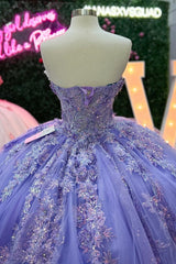Ball Gown Strapless Sleeveless Fully Sequins Flower Appliques Pleated Lilac Tulle Quinceanera Dress Evening Formal Gown Birthday Party Dress For Sweet 16