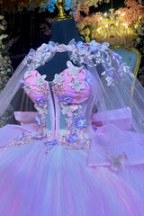 Ball Gown Strapless Sleeveless Pleated 3S Butterflies Appliques Shawl Bow Knot Pink Tulle Quinceanera Dress Birthday Party Gown Evening Formal Gown For Sweet 16