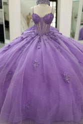 Ball Gown Strapless Spaghetti Straps Sleeveless Beaded 3D Flowers Appliques Pleated Bow Knots Purple Tulle Quinceanera Dress Evening Formal Gown Birthday Party Dress For Sweet 16