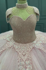 Ball Gown Sweetheart Neck Cap Sleeves Beaded Appliques Baby Pink Tulle Quinceanera Dress Formal Evening Gown For Sweet 16