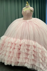 Ball Gown Sweetheart Neck Cap Sleeves Beaded Appliques Baby Pink Tulle Quinceanera Dress Formal Evening Gown For Sweet 16