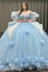 Ball Gown Sweetheart Neck Detachable Half Lantern Sleeves Beaded 3D Flower Appliques Big Bow Knot Back Glitter Sky Blue Tulle Quinceanera Dress Birthday Party Dress For Sweet 16