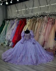 Ball Gown Sweetheart Neck Long Lanern Sleeves Beaded Sequins Appliques Lilac Tulle Quinceanera Dress Birthday Party Dress Evening Formal Gown For Sweet 16